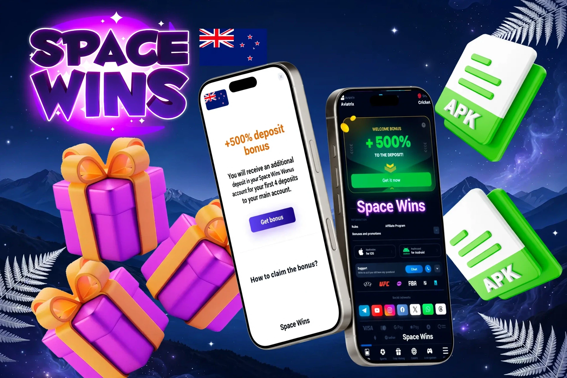 Space Wins mobile app promotion with 5 free spins on Starburst and gift box illustration