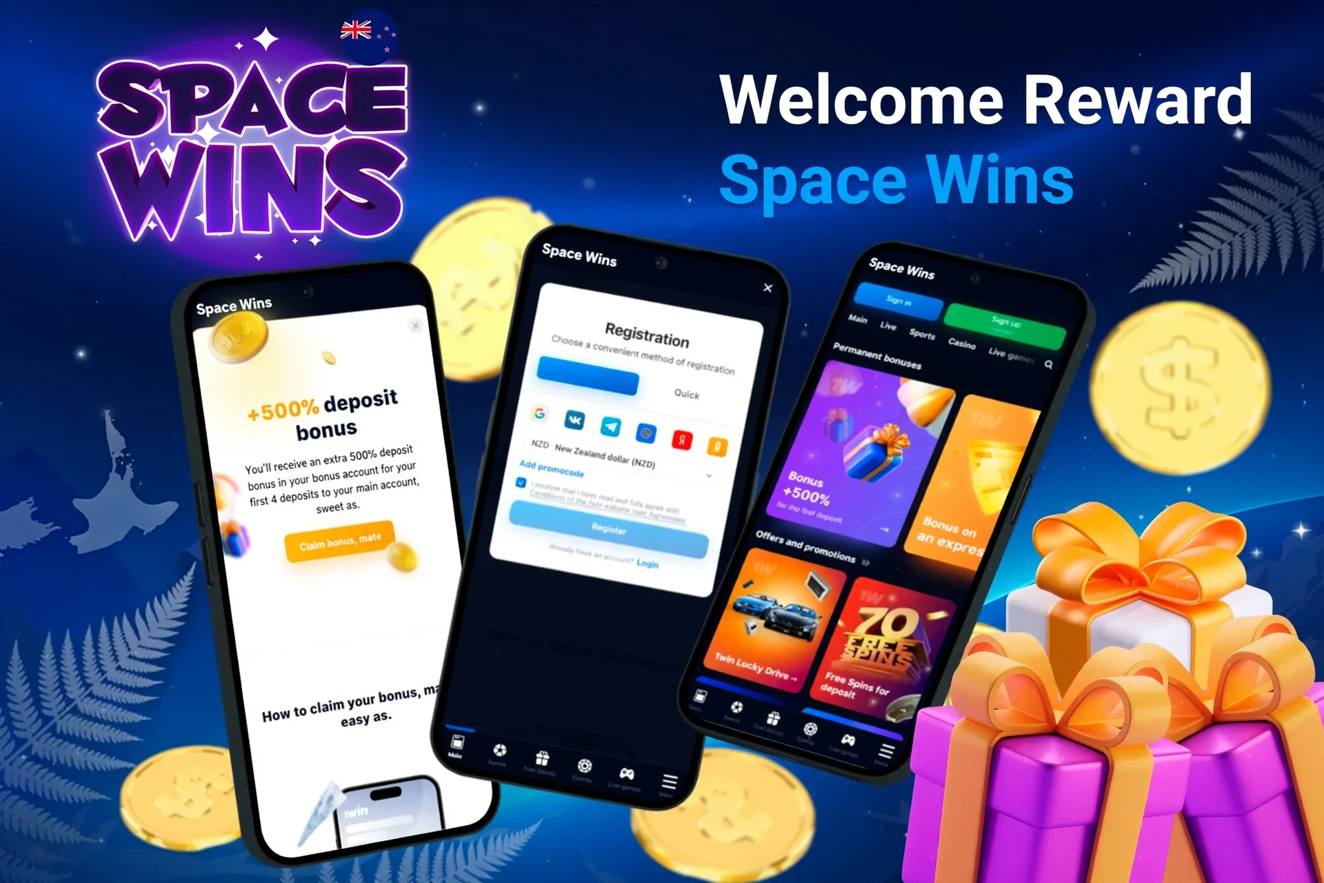 Mobile screens displaying Space Wins registration and 5 free spins welcome offer with gift boxes
