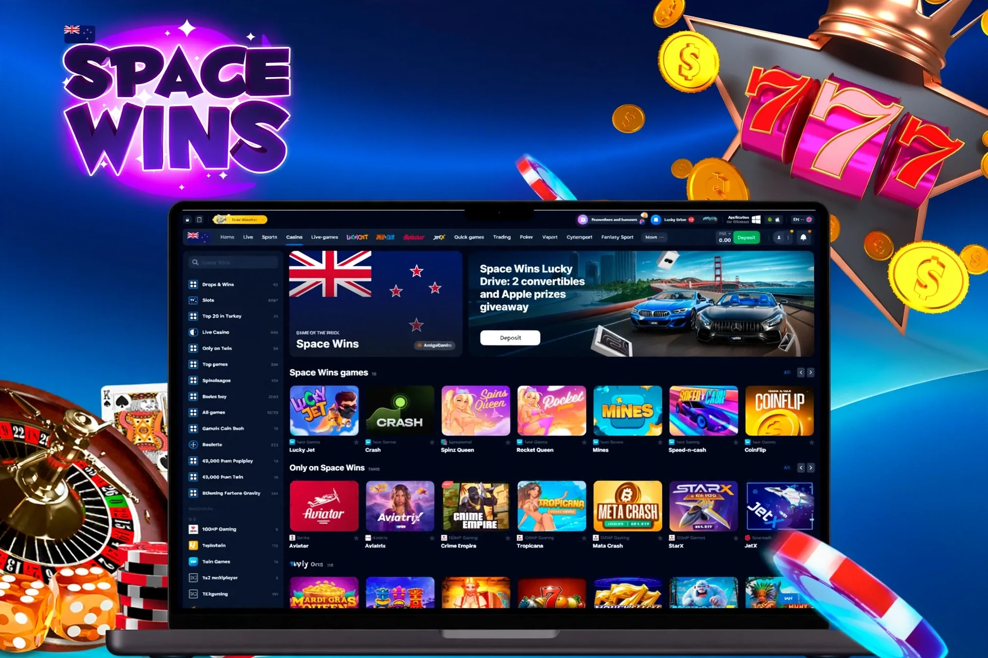 Space Wins casino homepage with various slot and crash games, including Lucky Jet and Blazing Crown