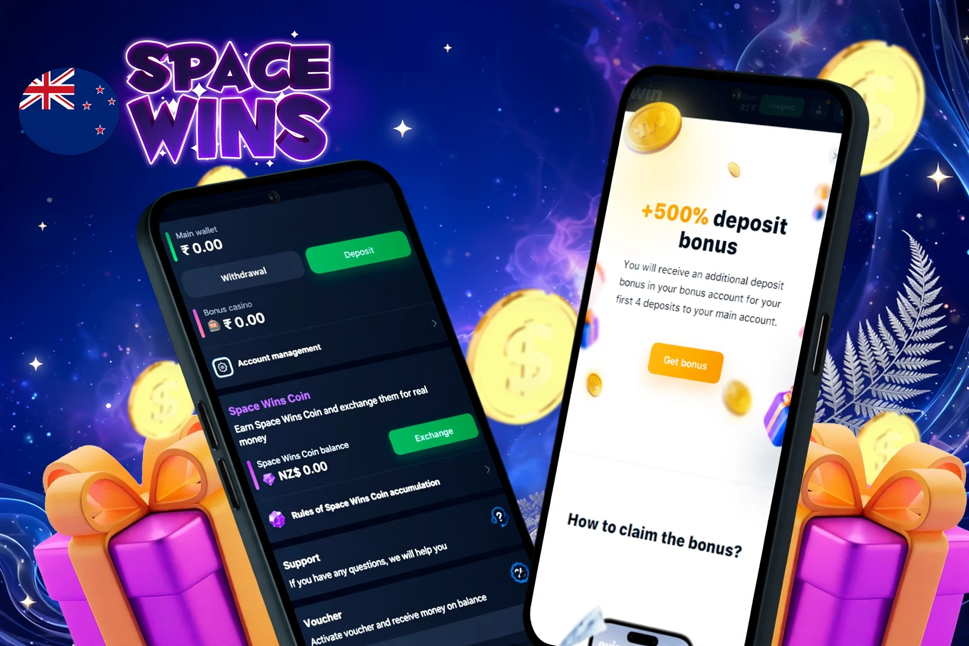 Space Wins deposit and withdrawal screen showing wallet balance, account management options, and a 500% deposit bonus offer