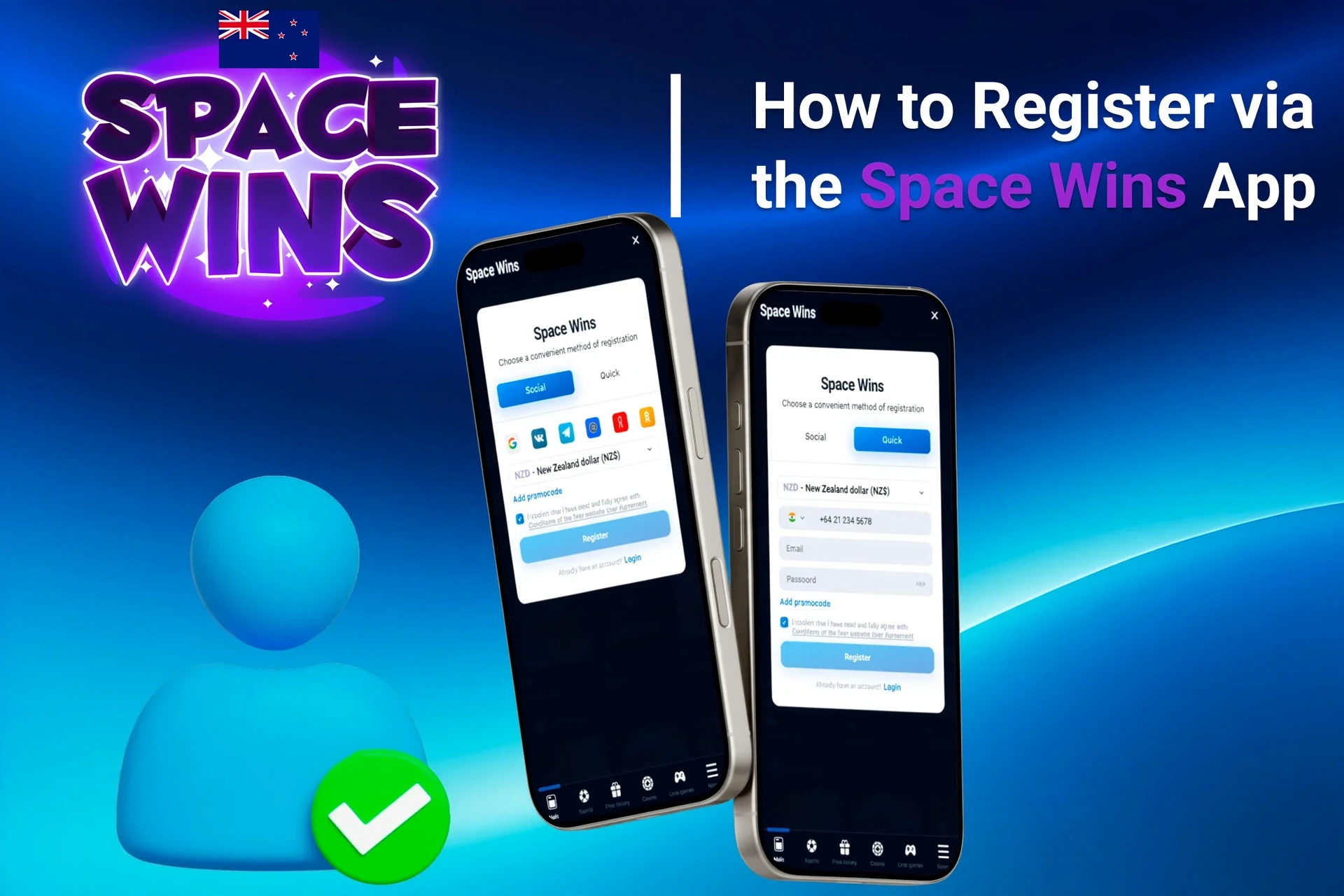 Registration process on the Space Wins mobile app with social login options