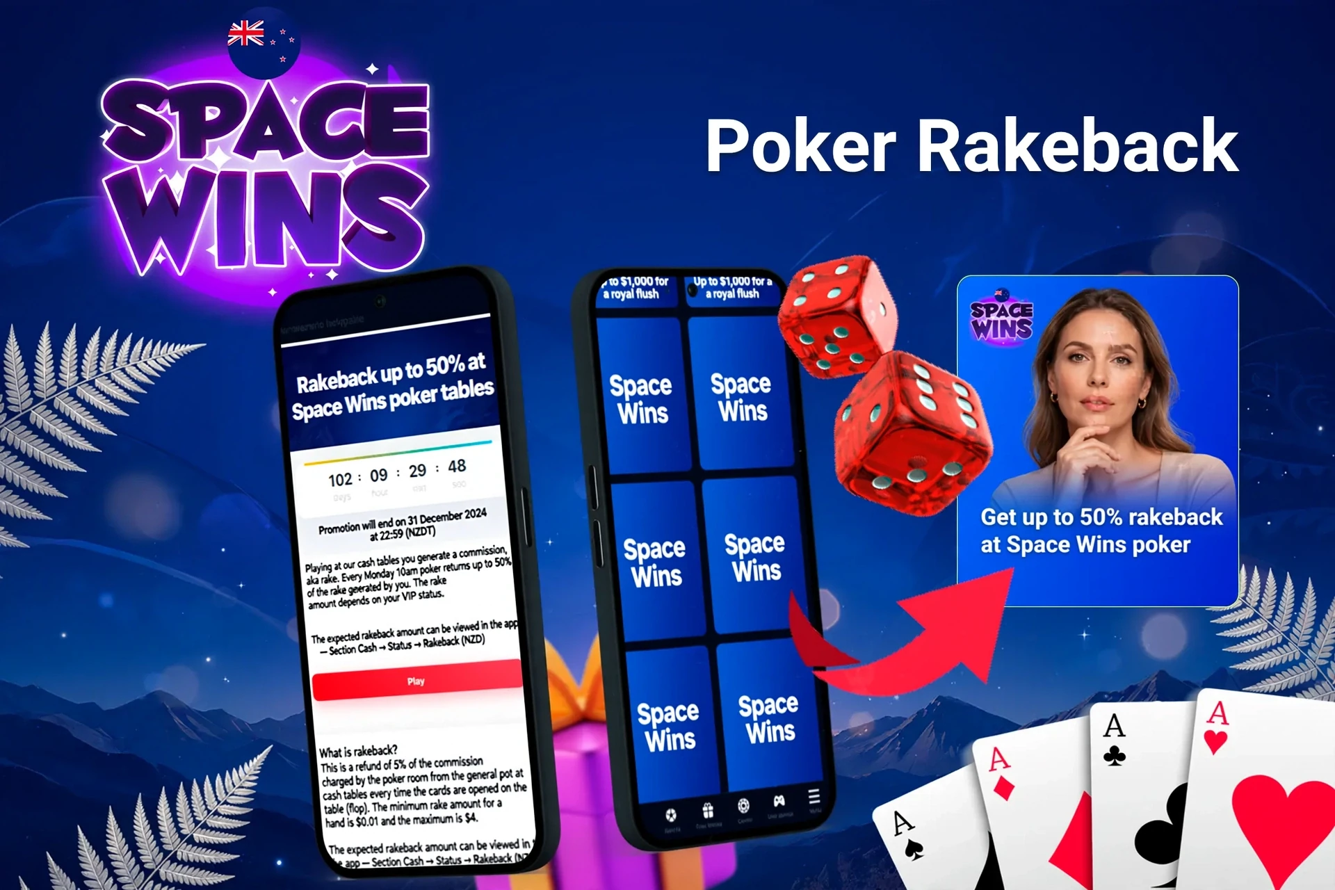 Mobile app with Space Wins poker rakeback offer up to 50%, red dice, and playing cards