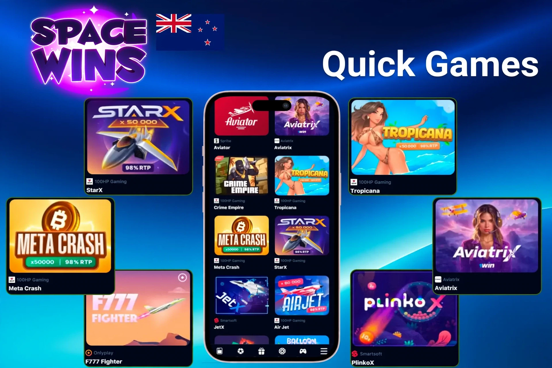 Quick games section highlighting titles like StarX, Tropicana, Meta Crash, and PlinkoX on mobile and desktop