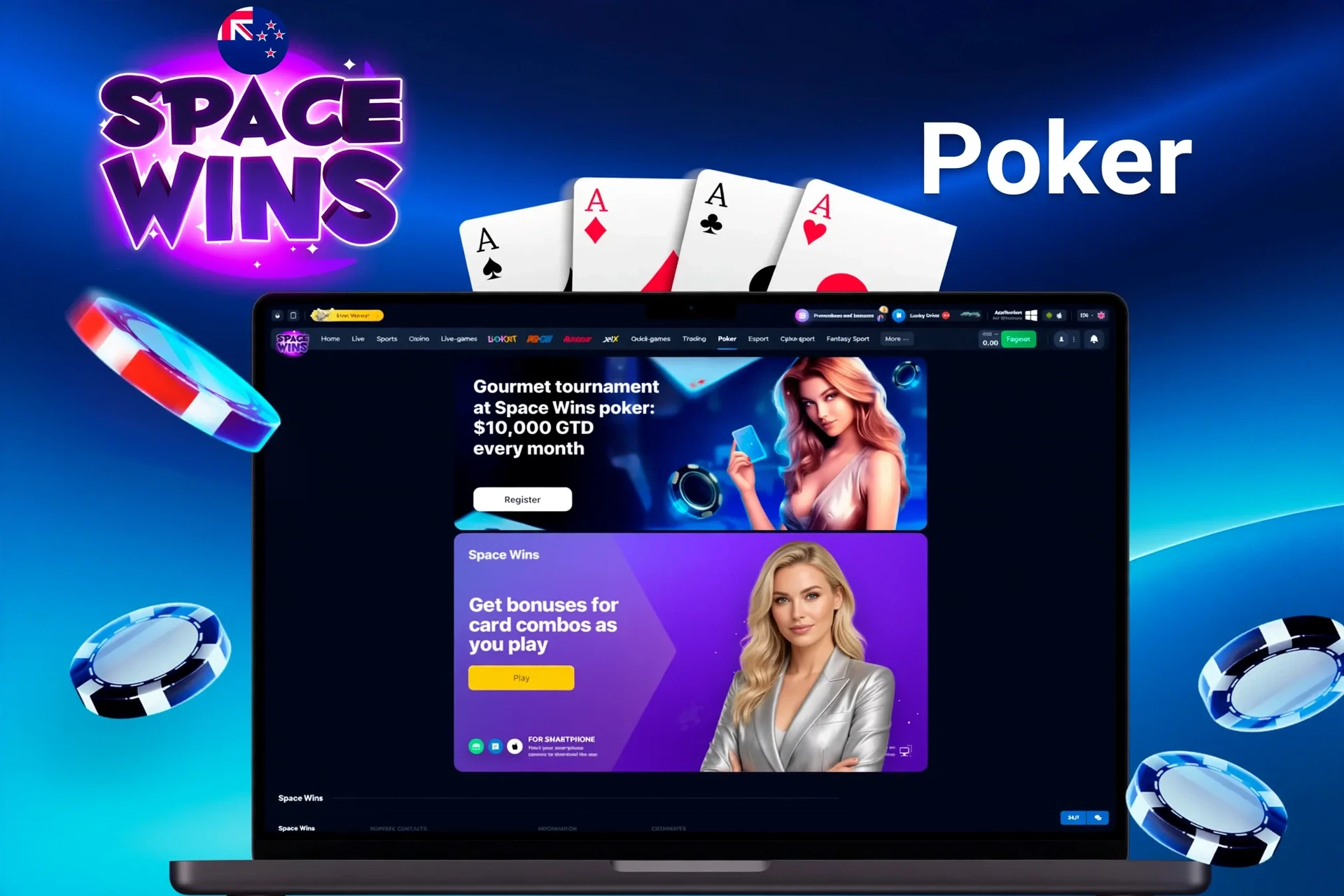 Space Wins poker promotion featuring a flagship tournament with £10,000 guaranteed prize and bonuses for specific card combinations