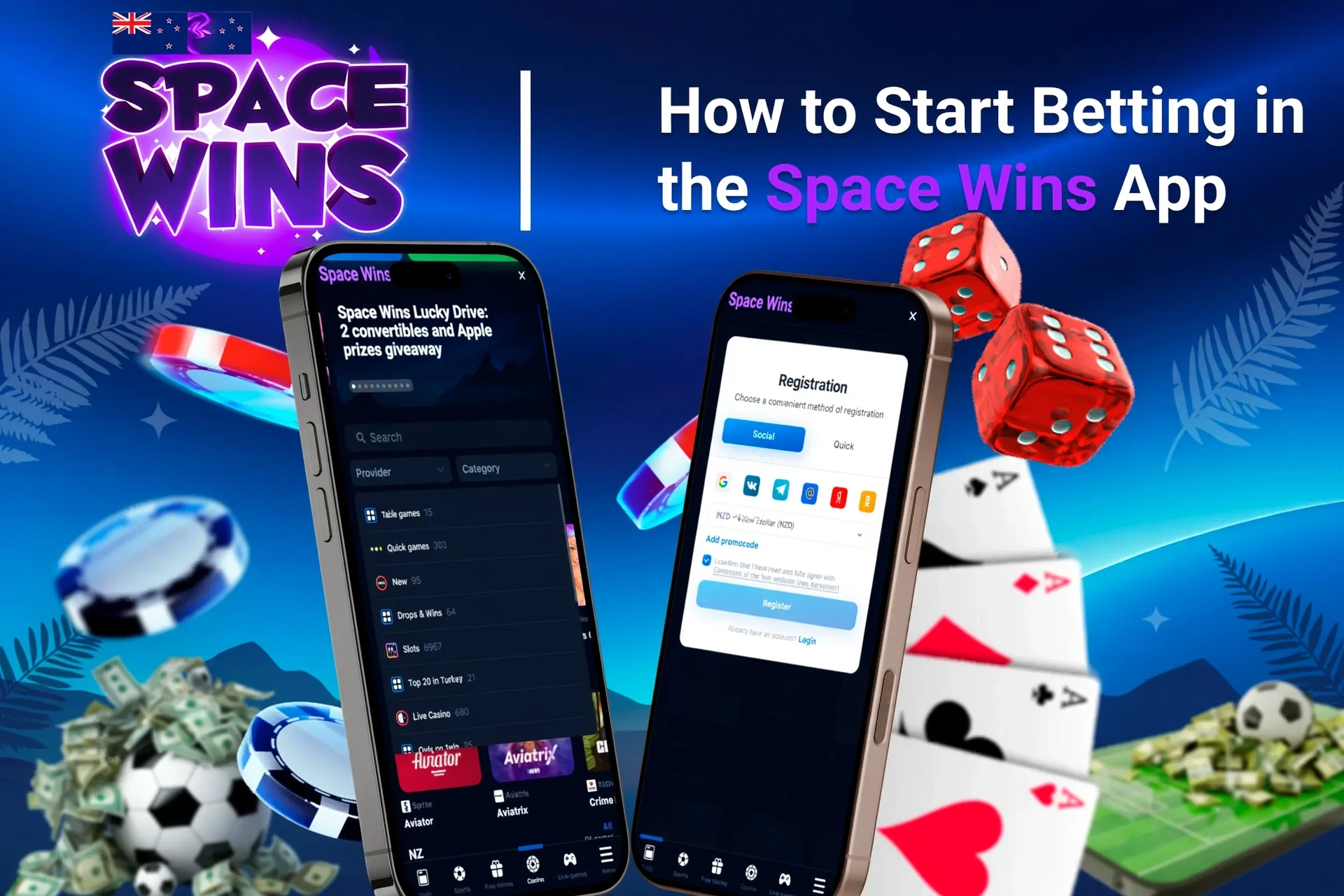 Step-by-step guide to starting betting on the app, with registration and game selection shown on mobile screens