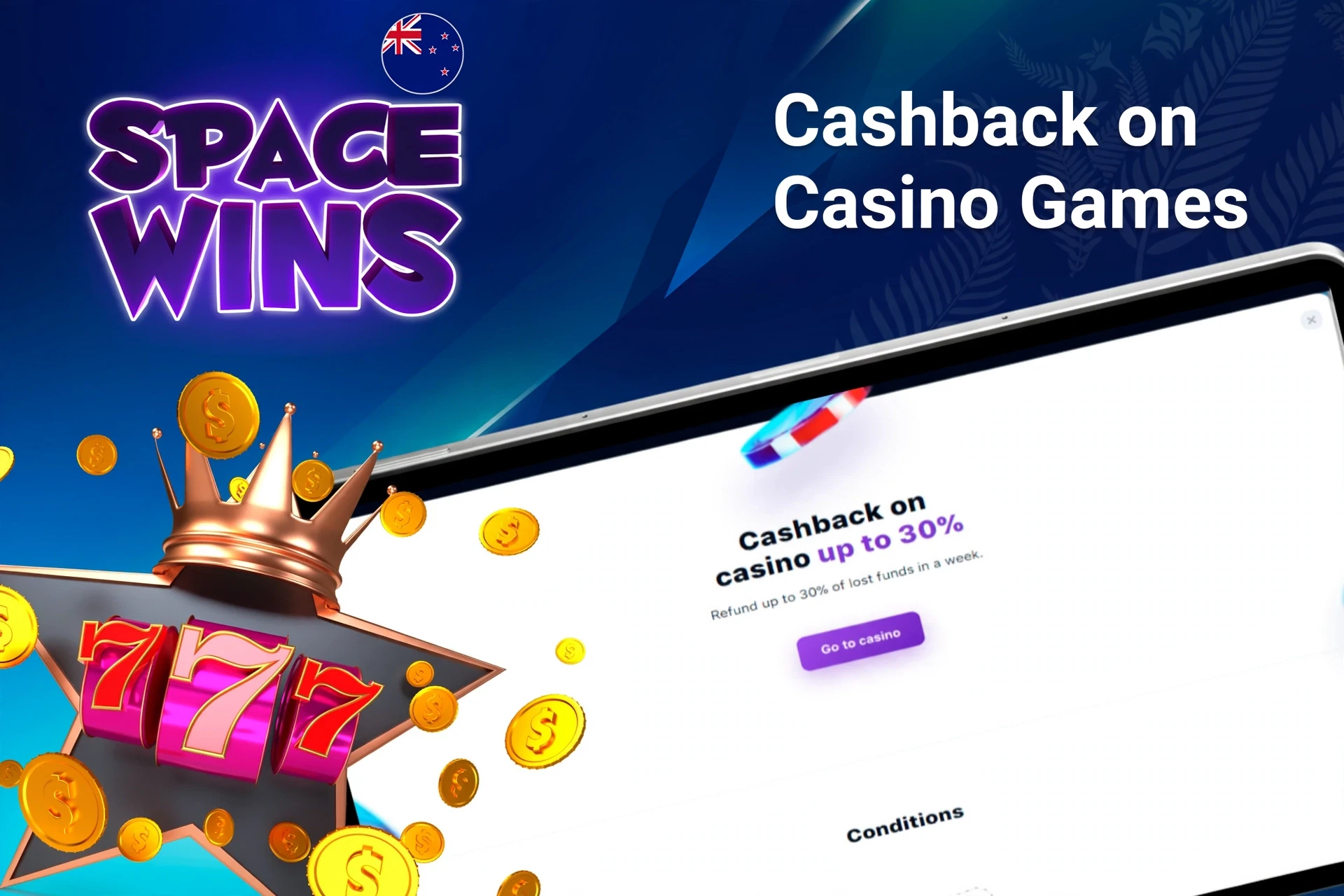 Mobile app with Space Wins poker rakeback offer up to 50%, red dice, and playing cards
