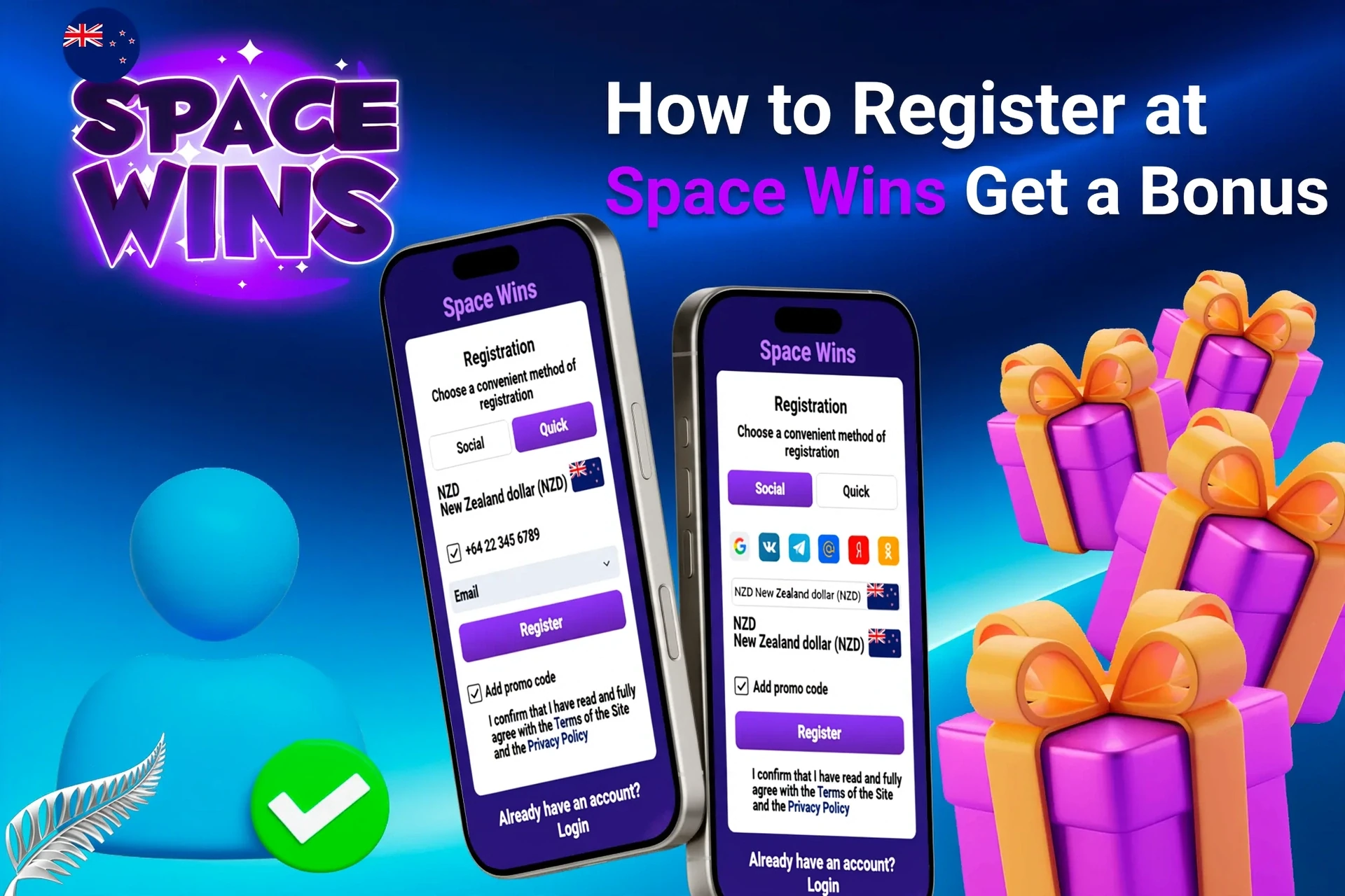 Mobile registration page for Space Wins showing bonus offers with purple and gold gift boxes