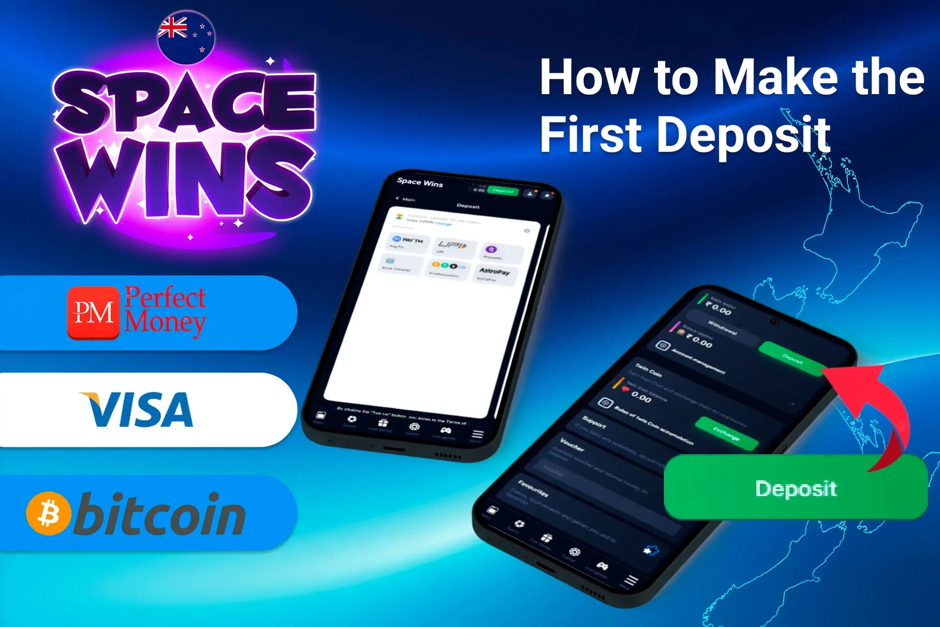Mobile screen showing deposit options including Visa, Paysafecard and Bitcoin, with a deposit button
