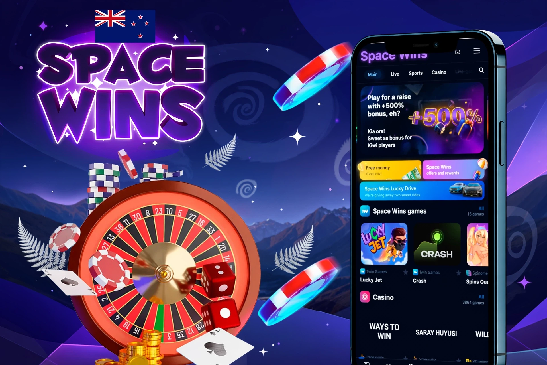 Mobile version of the Space Wins app displayed on smartphones, offering quick access to various betting and gaming features