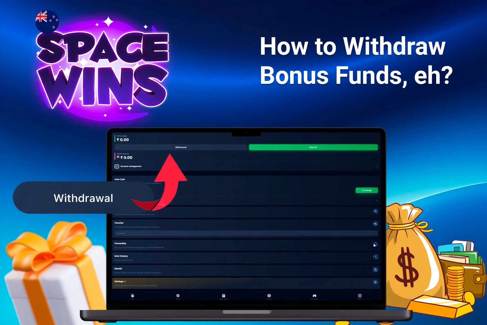 Laptop screen showing Space Wins withdrawal options with money bags and gift boxes in the background