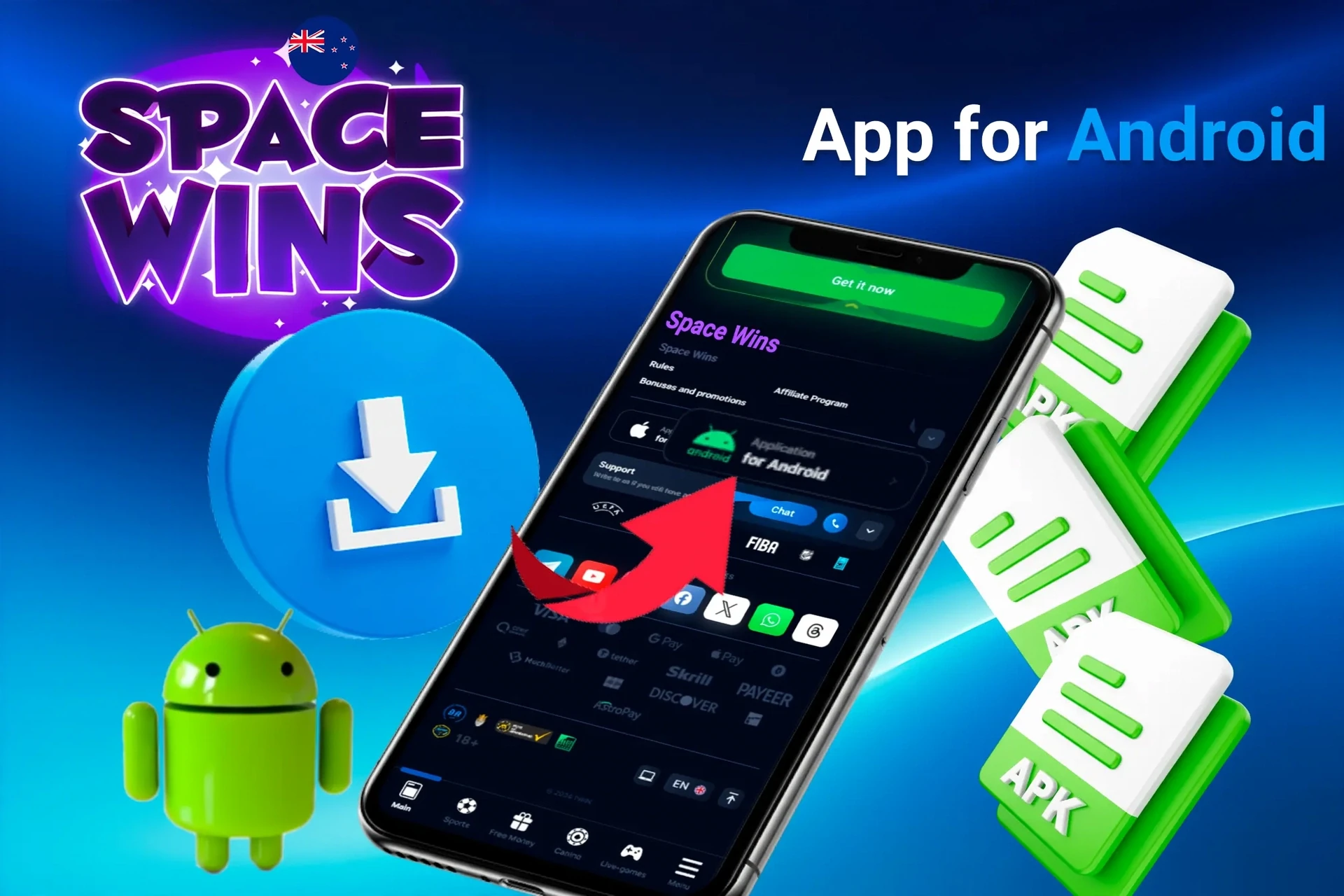 App for Android download process with APK file icons and Android mascot for Space Wins