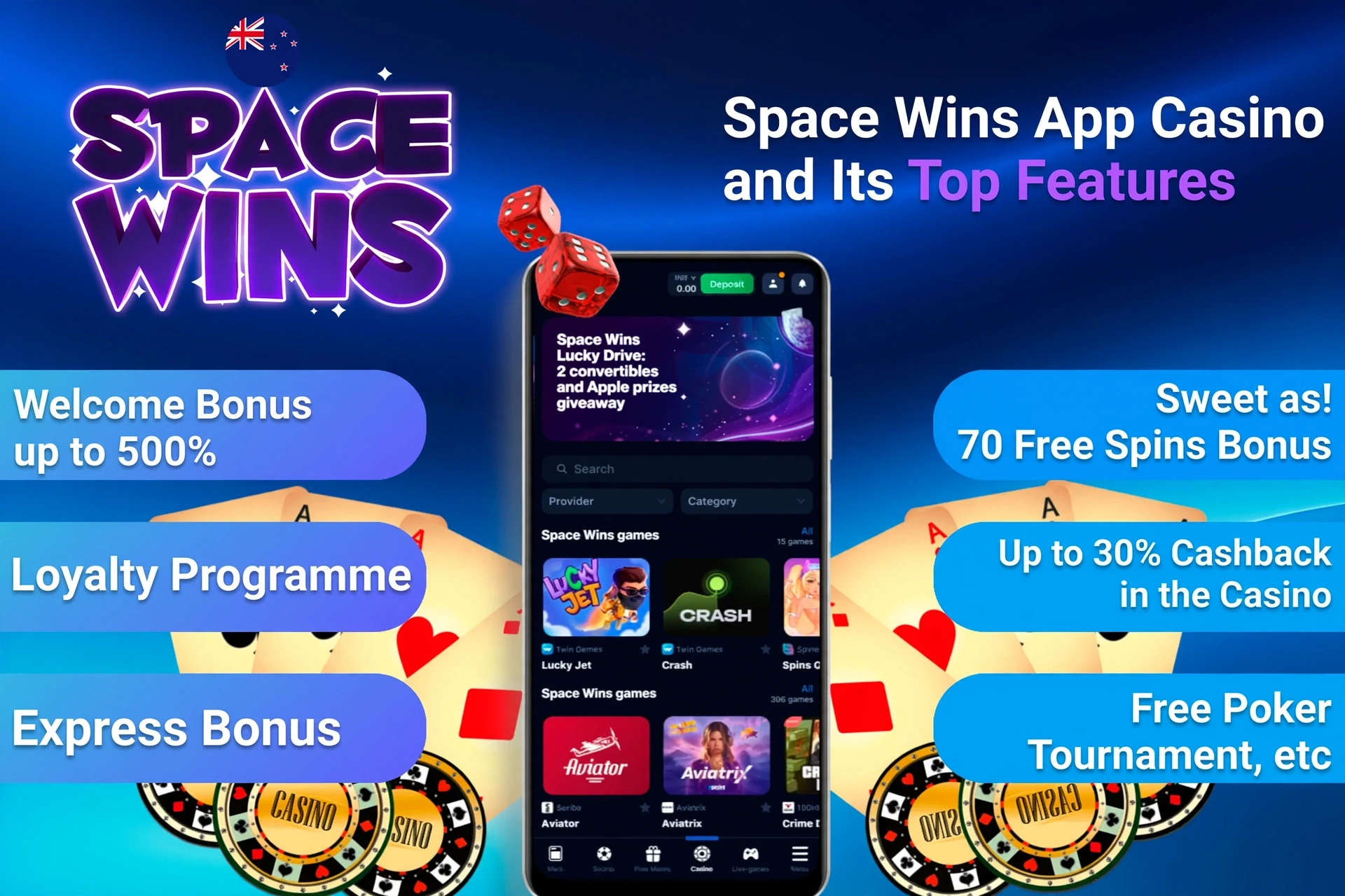 Space Wins Casino app top features including welcome bonus and mobile interface