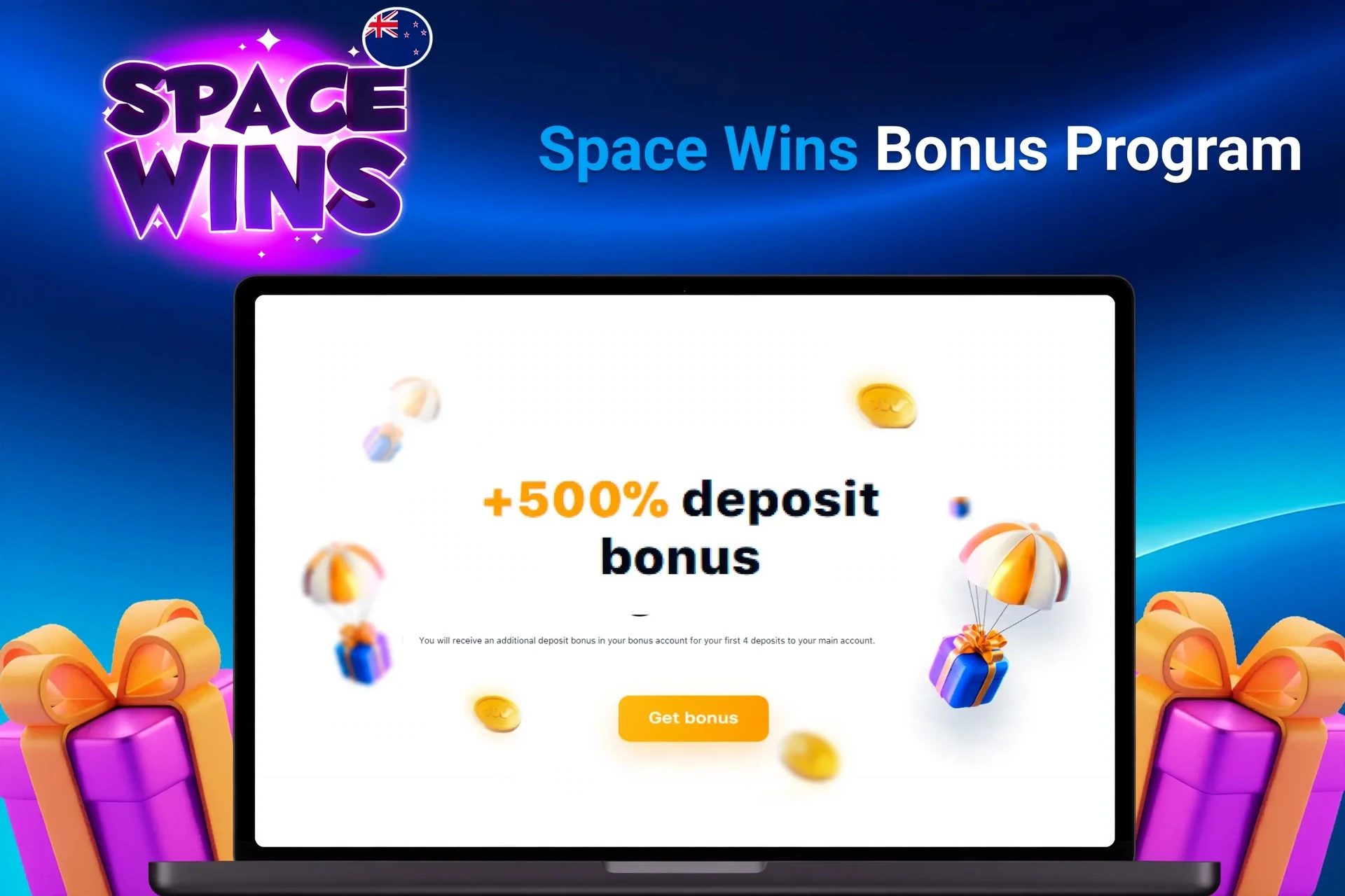Laptop showing bonus offer of +500% deposit bonus with floating coins and gifts