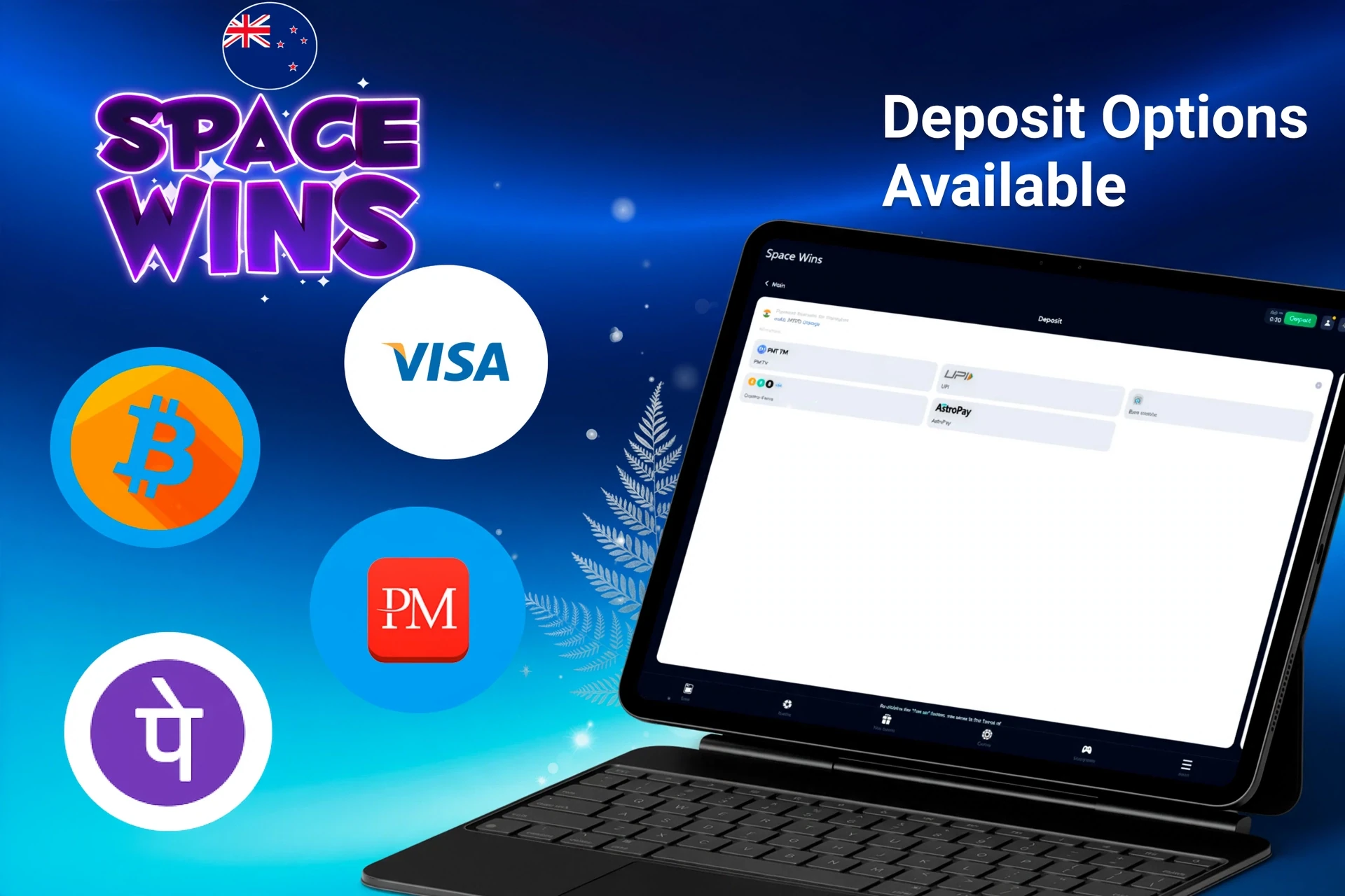 Deposit options available on Space Wins platform, including Bitcoin, Visa, Pay by Mobile, and Paysafecard, displayed on a tablet
