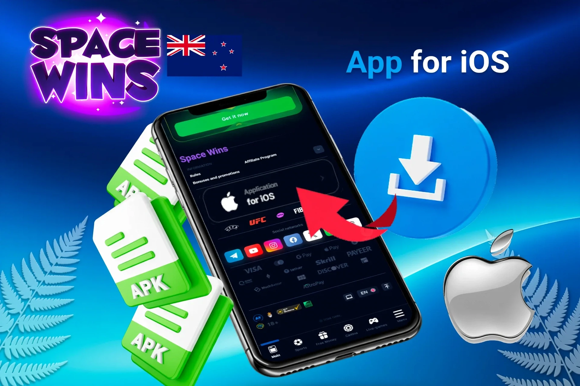 iOS app download screen with web shortcut icons and Apple logo for Space Wins