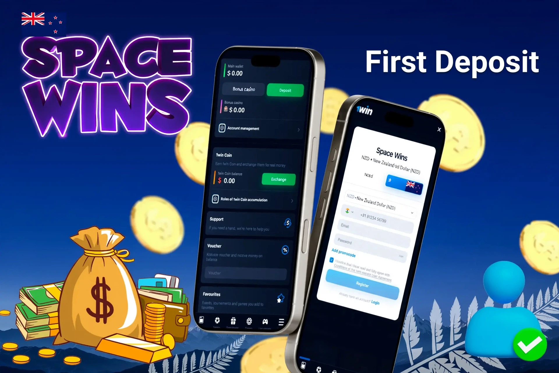 mobile interface showing steps to make the first deposit, with icons for payment options and bonus registration