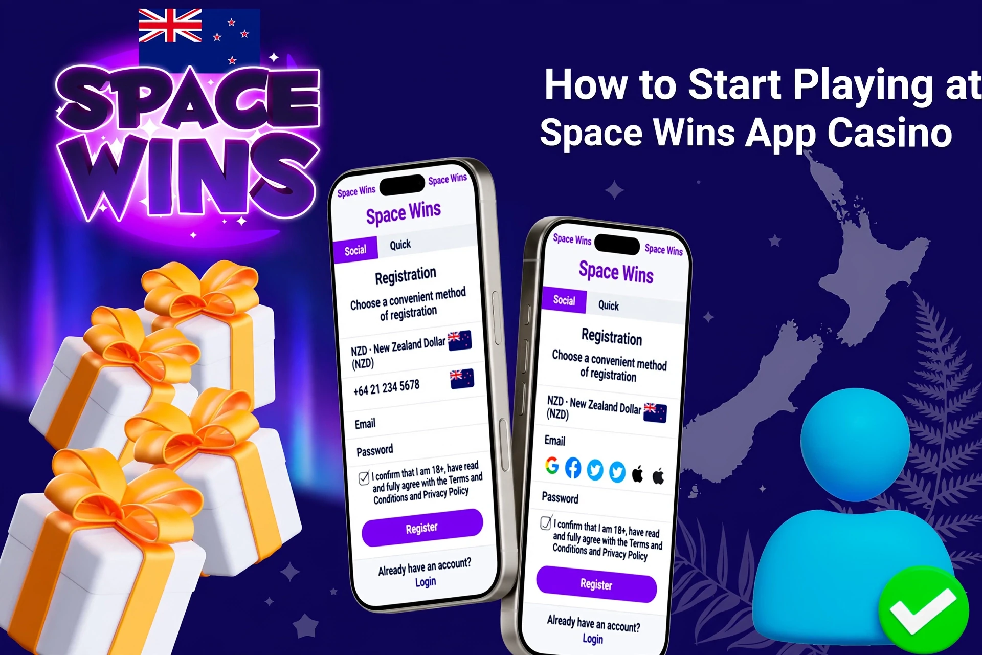 Space Wins app registration screen on mobile with easy-to-follow steps and gift box icons