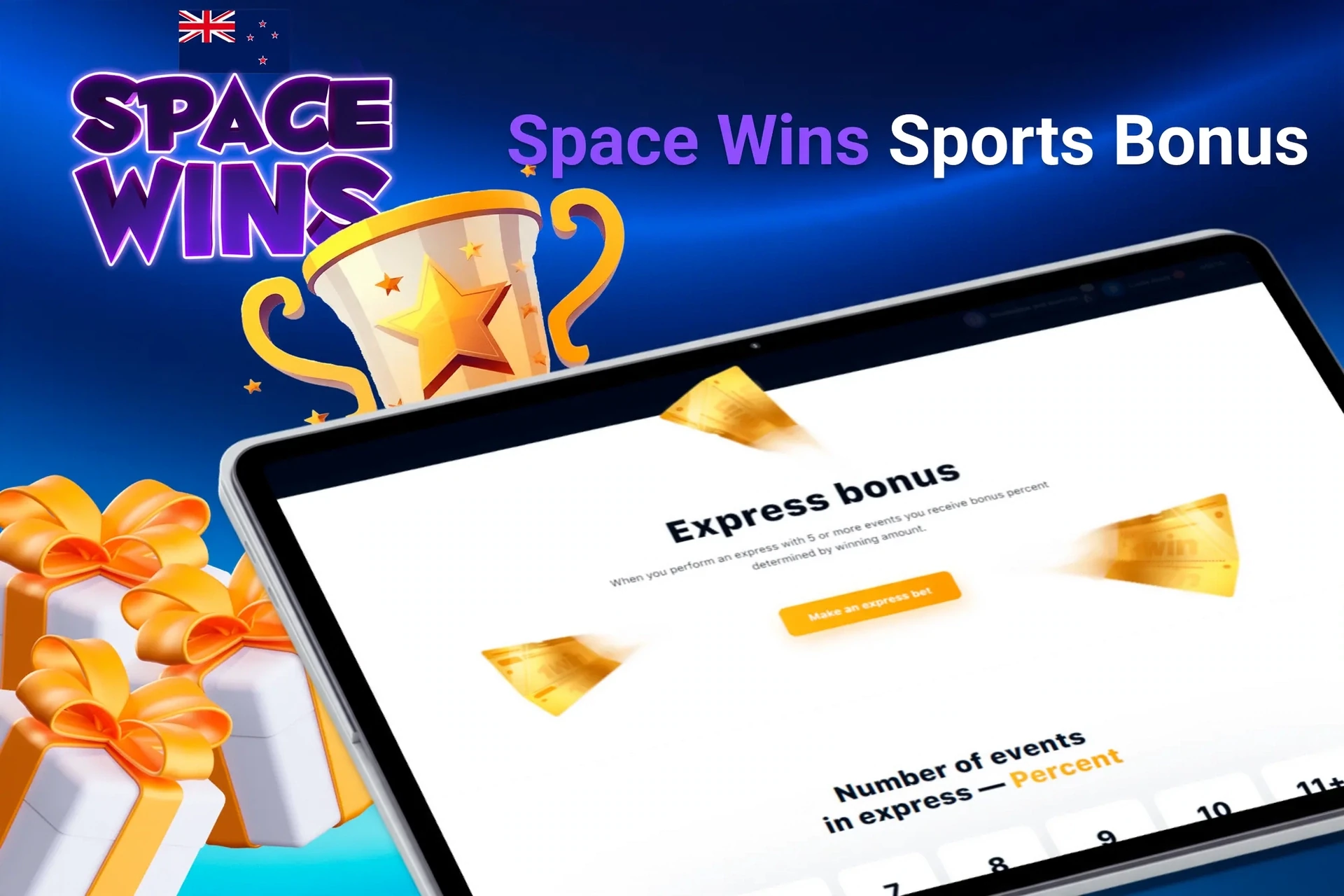 Tablet screen with express bonus offer for sports betting from Space Wins, with trophy and gift boxes.