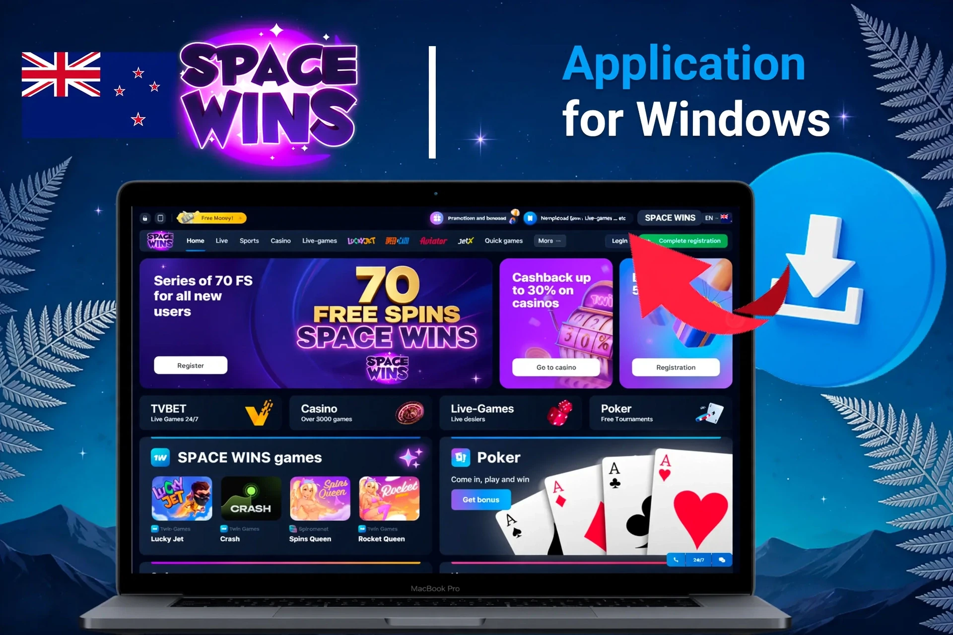 Application for Windows with download instructions and welcome offer for Space Wins