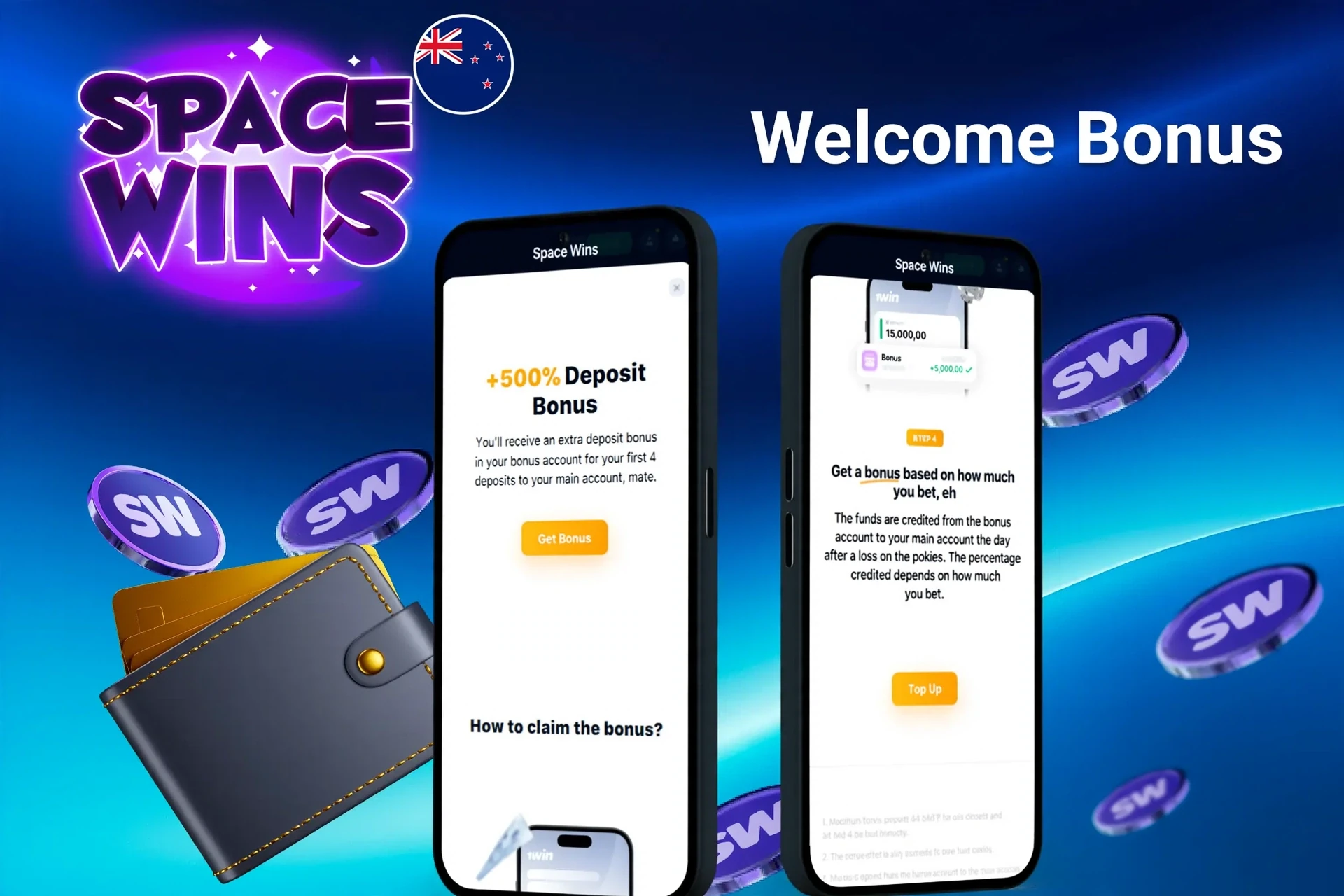 Space Wins welcome bonus screen with 5 free spins offer displayed on two mobile screens