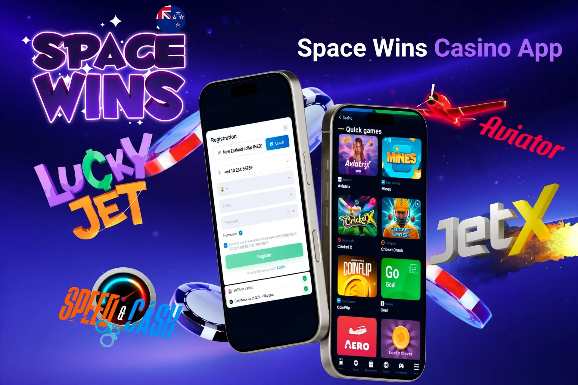 Space Wins Casino app registration screen with quick games like Aviatrix and JetX