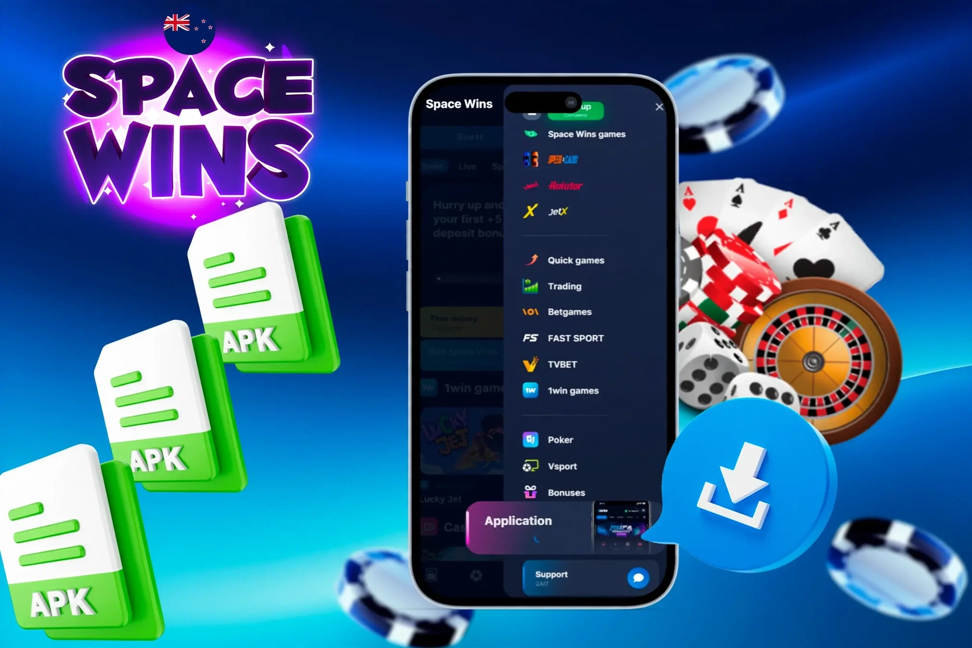 Space Wins mobile interface with APK icons and casino chips illustrating mobile access to Space Wins games