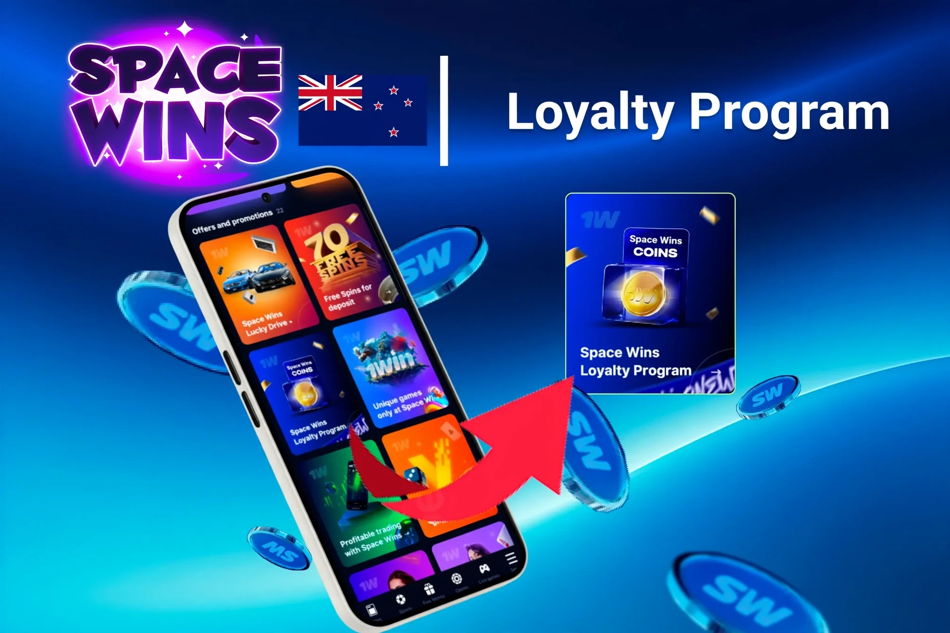 Mobile app showing Space Wins loyalty programme and offers like free spins and Lucky Drive.