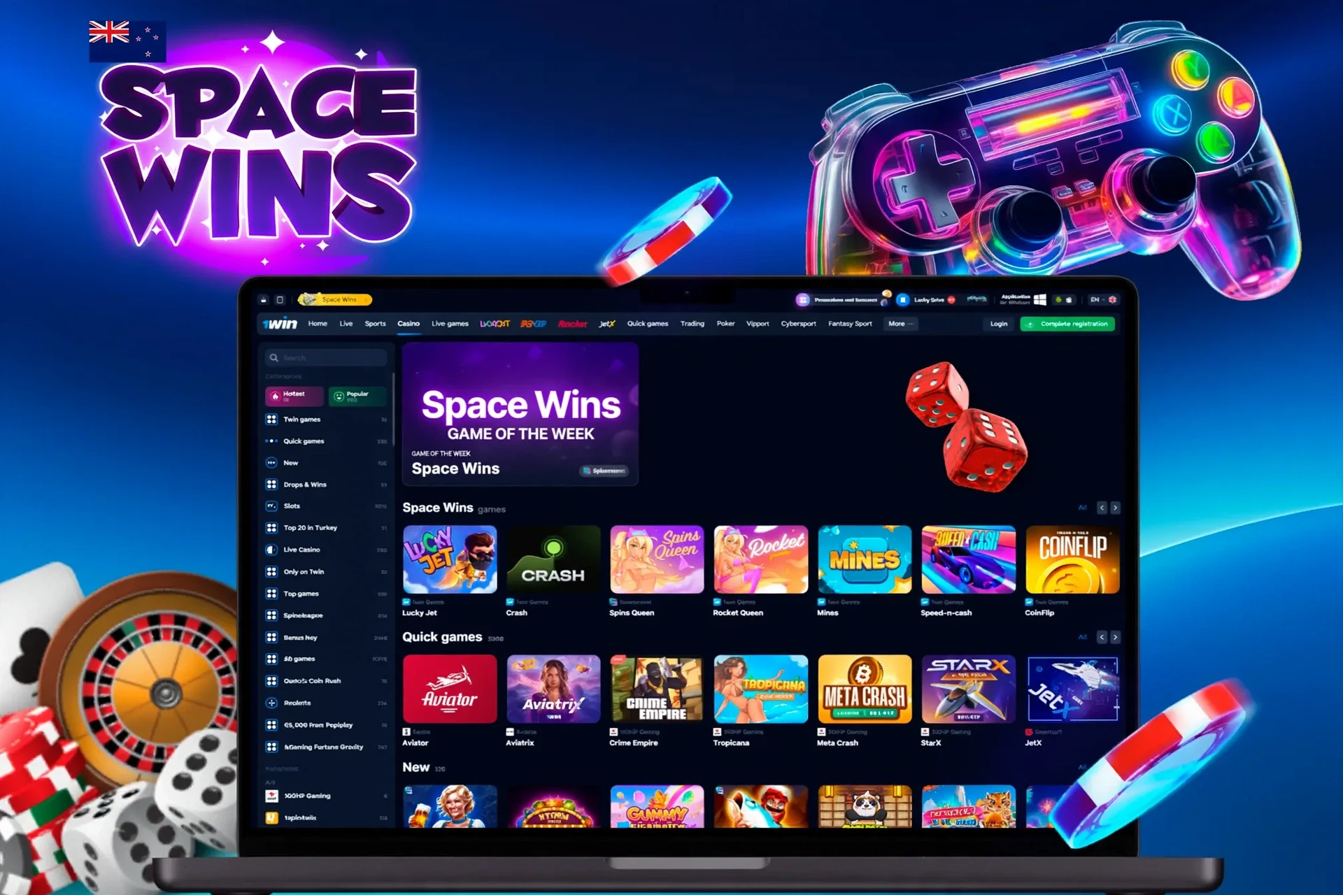 app interface showing a variety of games like Slots and Bingo with a vibrant game controller icon
