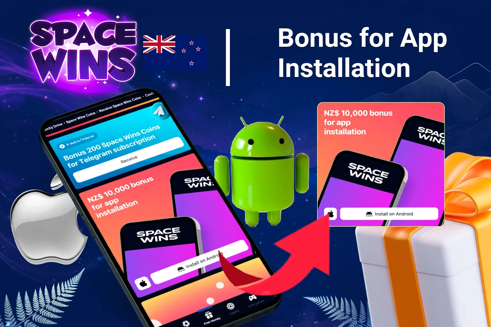 Space Wins bonus offer for app installation on mobile with Android and Apple logos, and gift boxes