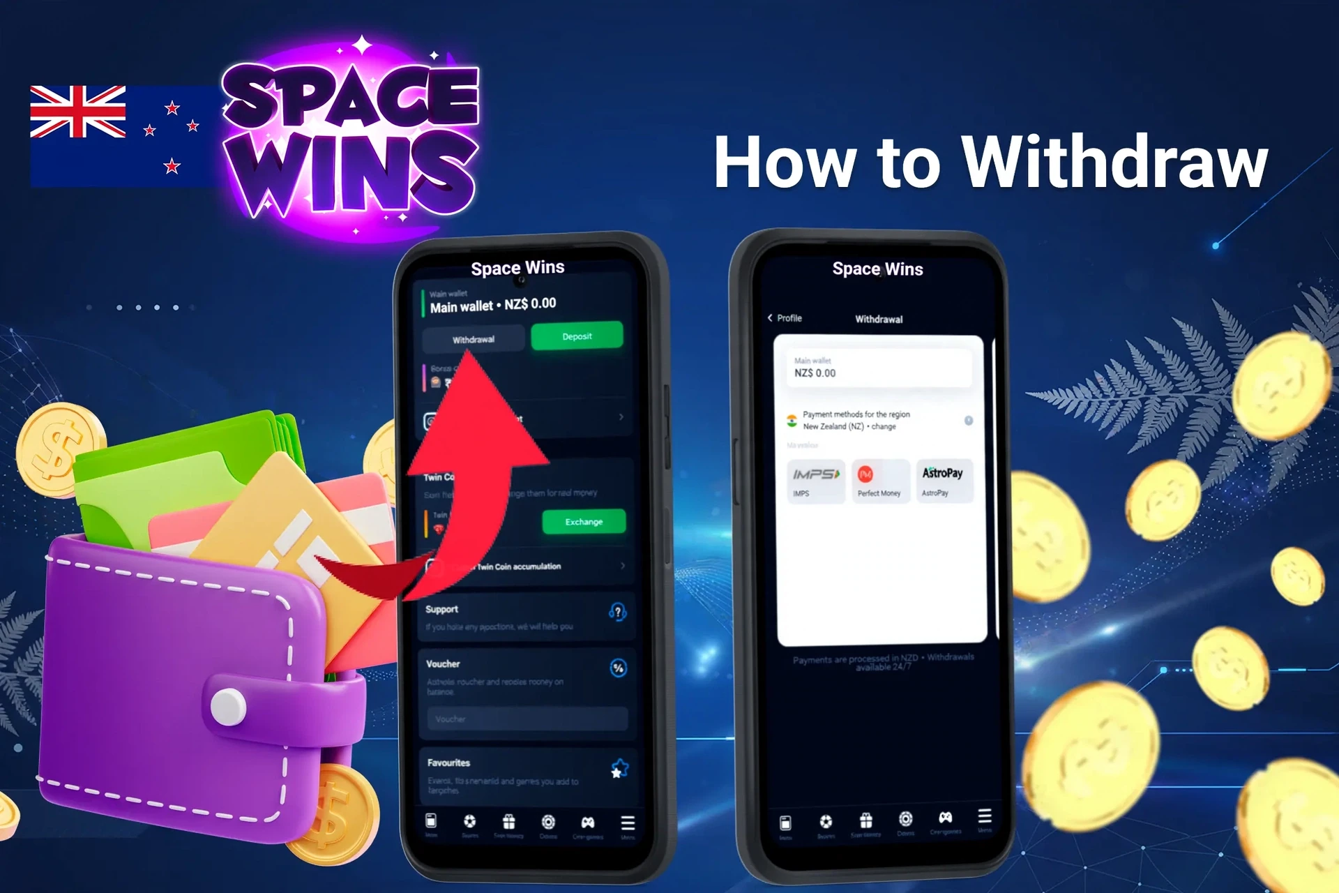 mobile interface showing withdrawal process with an arrow pointing to withdrawal options and available wallet balance