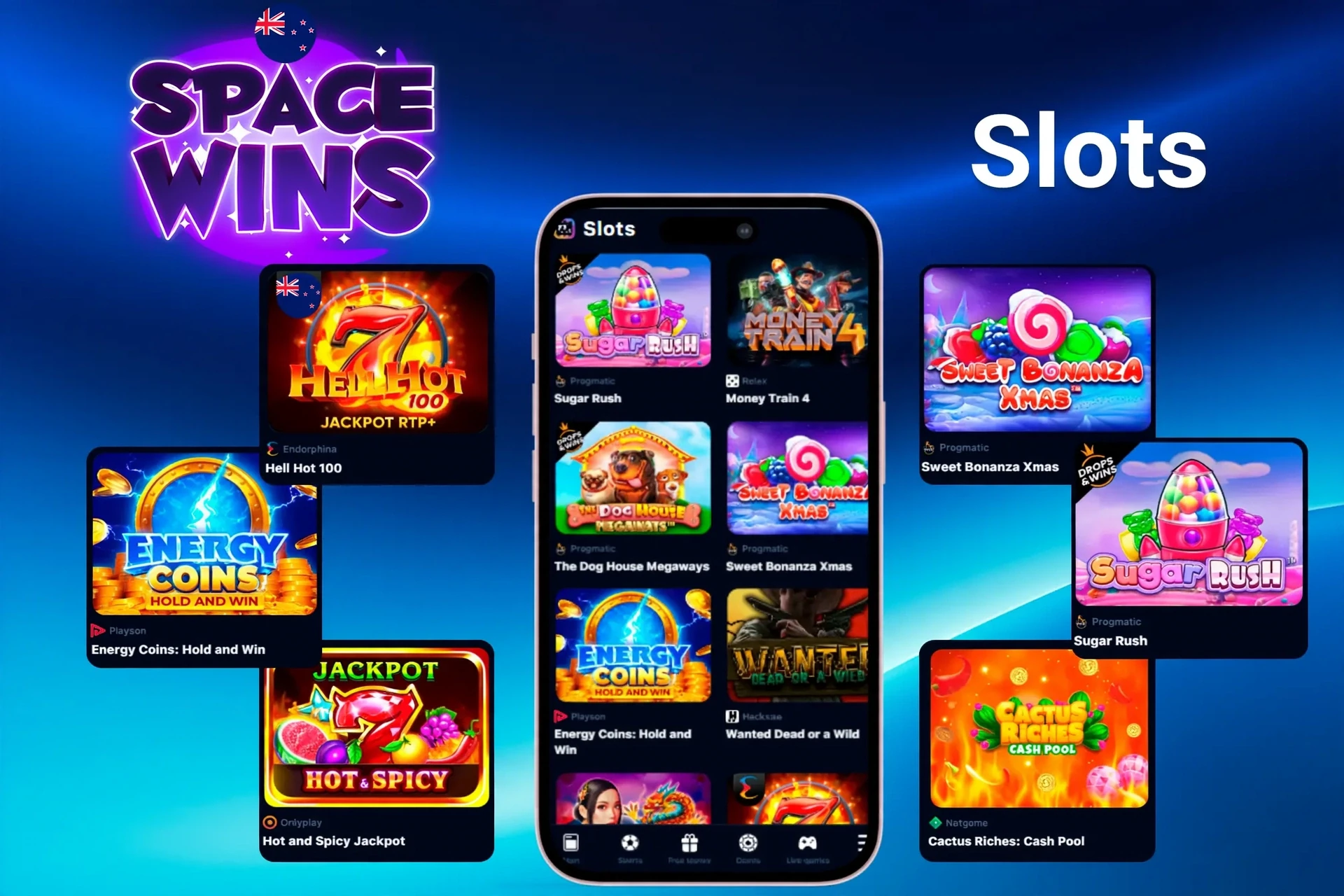 Slots games featuring popular titles like Sugar Rush, Energy Coins, and Hell Hot 100 on mobile and desktop