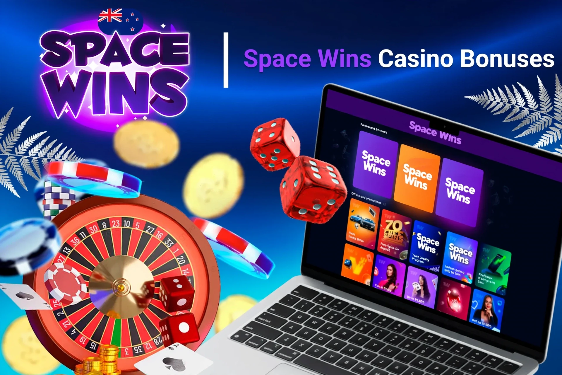 Laptop screen showing various Space Wins casino bonuses with roulette, dice, and poker chips