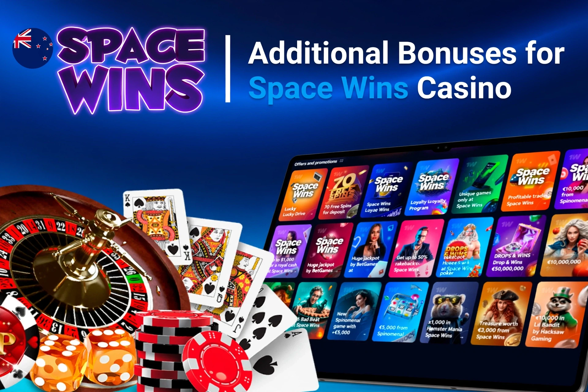 Mobile app showing casino game offers like loyalty program and free spins with poker chips and cards