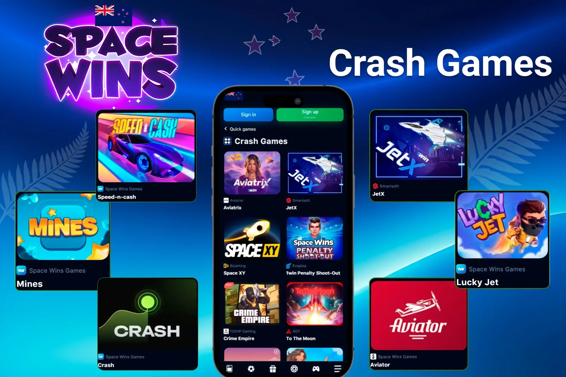 Crash games such as Mines, Speed-n-cash, JetX, and Lucky Jet shown on mobile and desktop