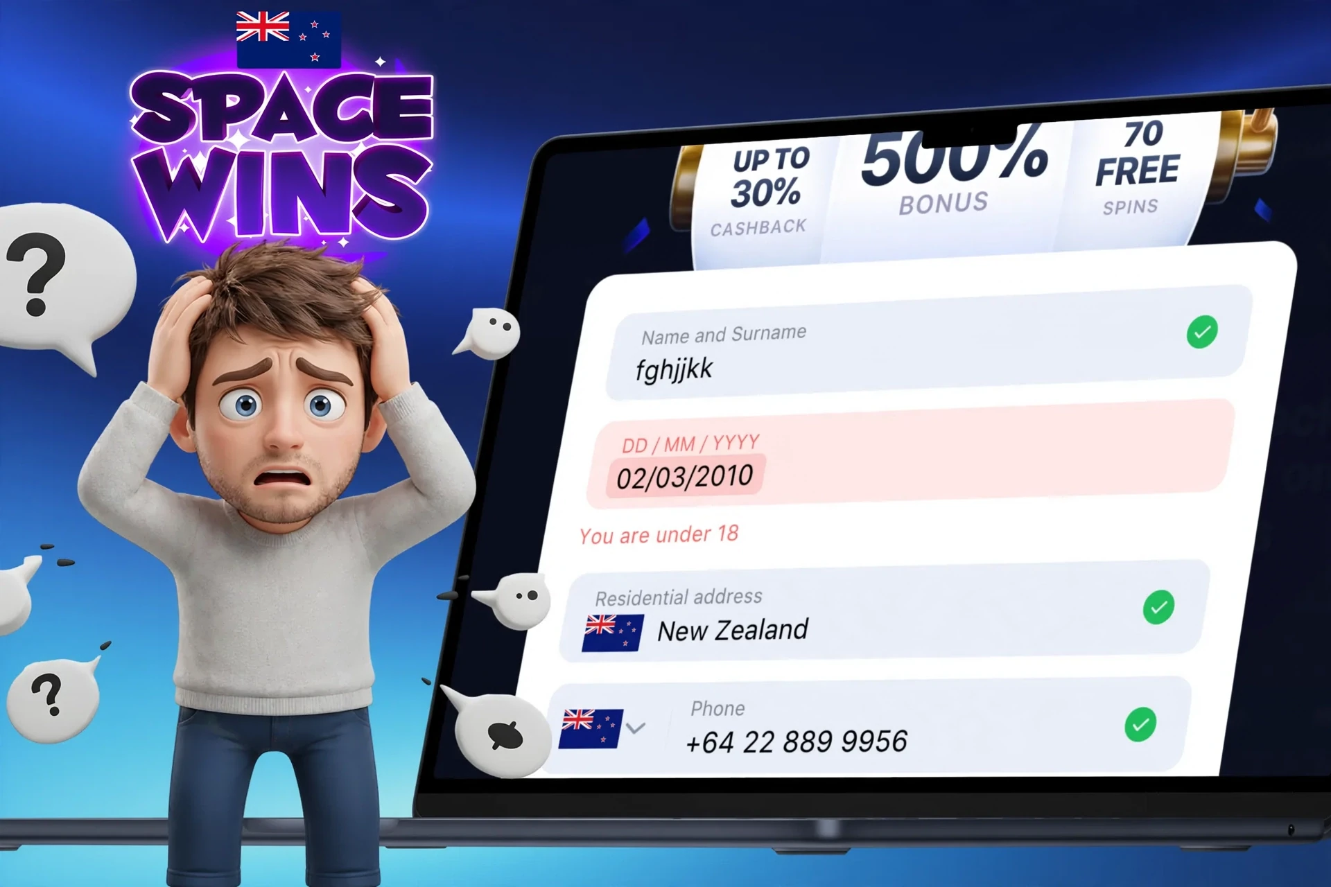 Description of possible difficulties when registering on Space Wins